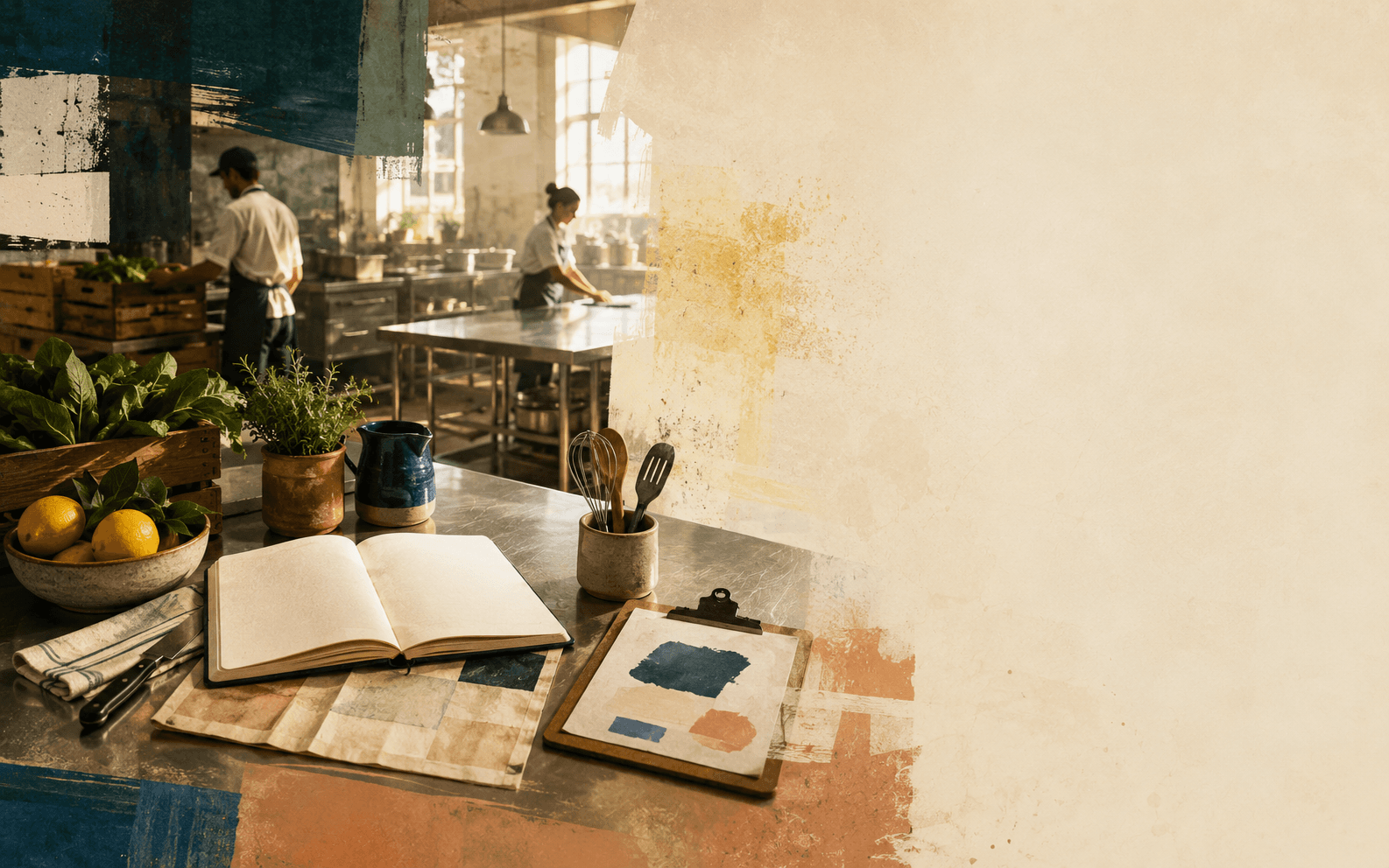 Notebook kosong dan papan klip di atas meja dapur saat pagi hari, tim bekerja samar di latar belakang