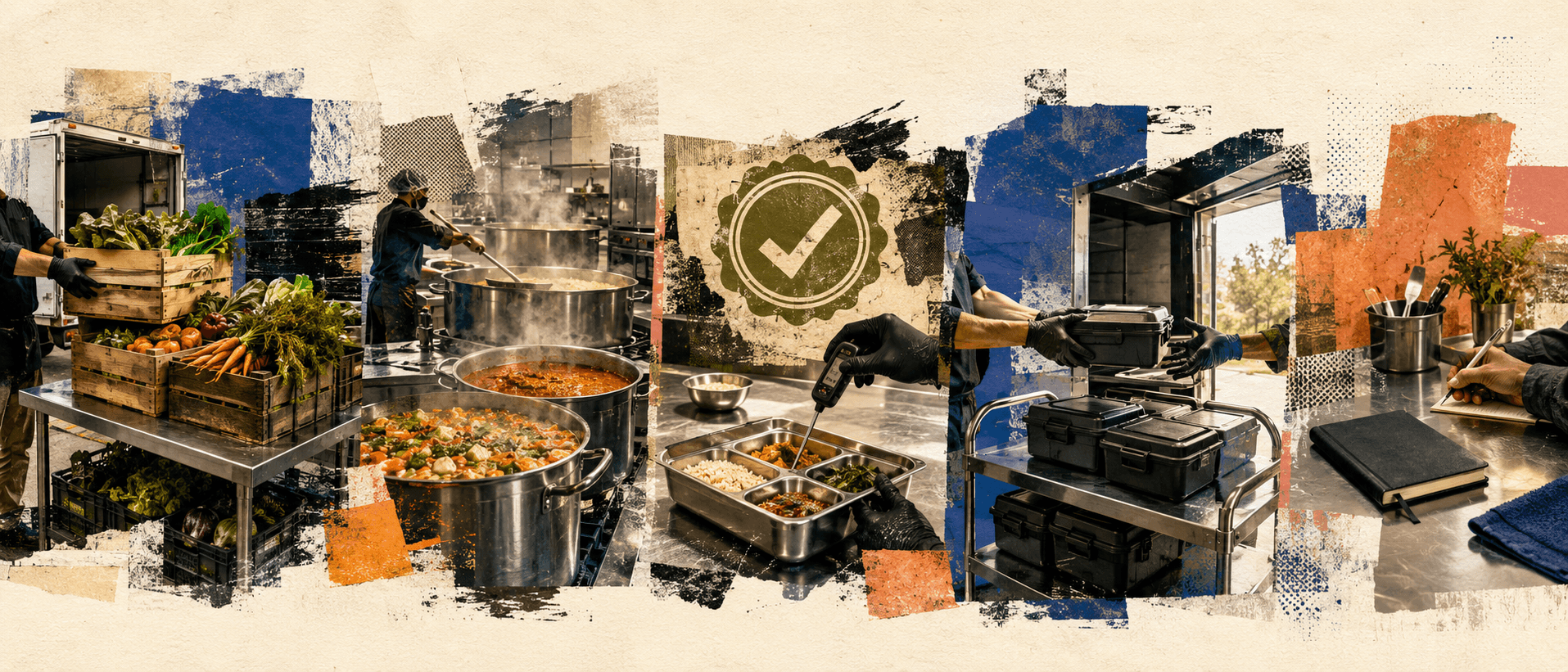 Kolase lima tahap dapur: barang masuk, batch produksi, QC, pengiriman, dan tutup hari